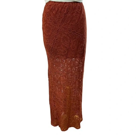 Jen’s Pirate Booty skirt LACE‎ rust long layer over mini skirt MAXI ($270) M MED